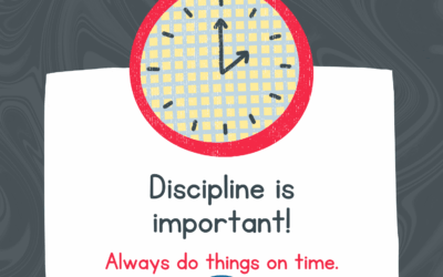 Illustration of a clock and motivational text highlighting the importance of discipline and punctuality